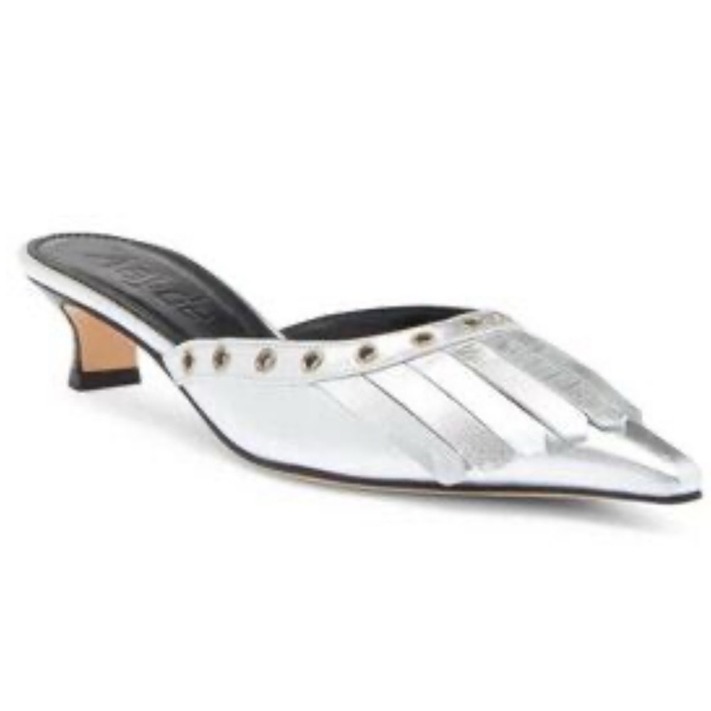 AEYDE Tania Kiltie Fringe Silver Metallic Mule Pumps 37=7